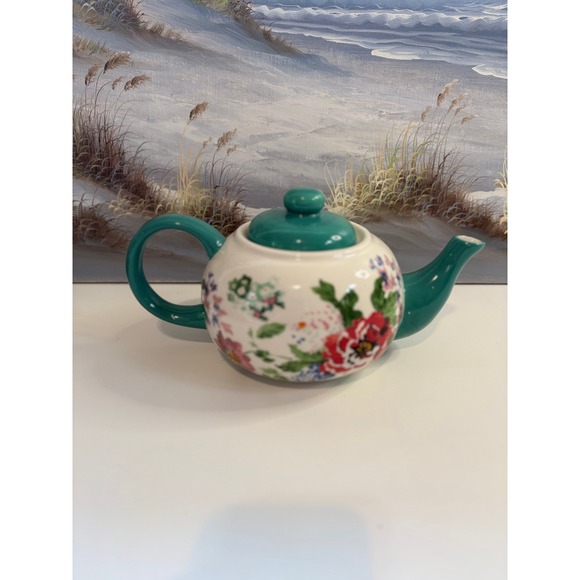 The Pioneer Woman Other - The Pioneer Woman Floral Ceramic Teapot Teal White Red Stoneware Tea Pot